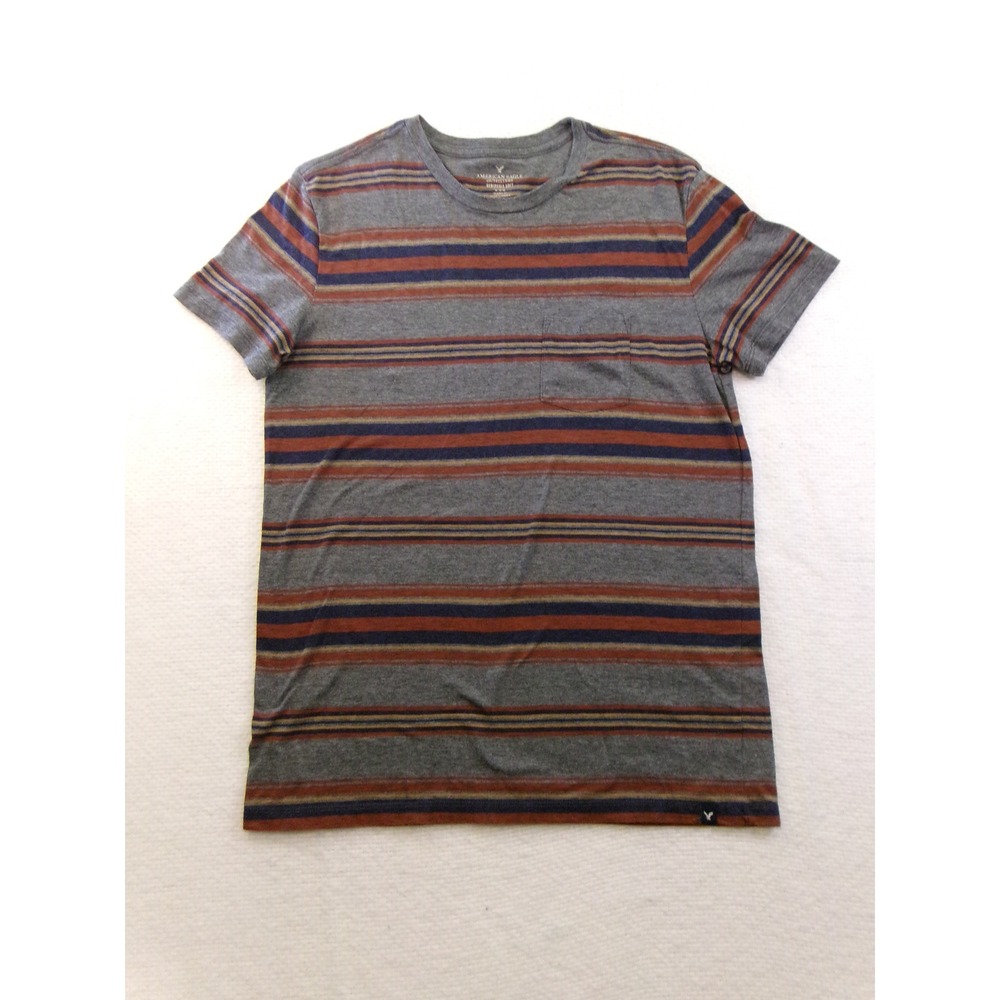 American Eagle Mens Seriously Soft Striped Pocket T-Shirt Grey Blue Orange‎ M